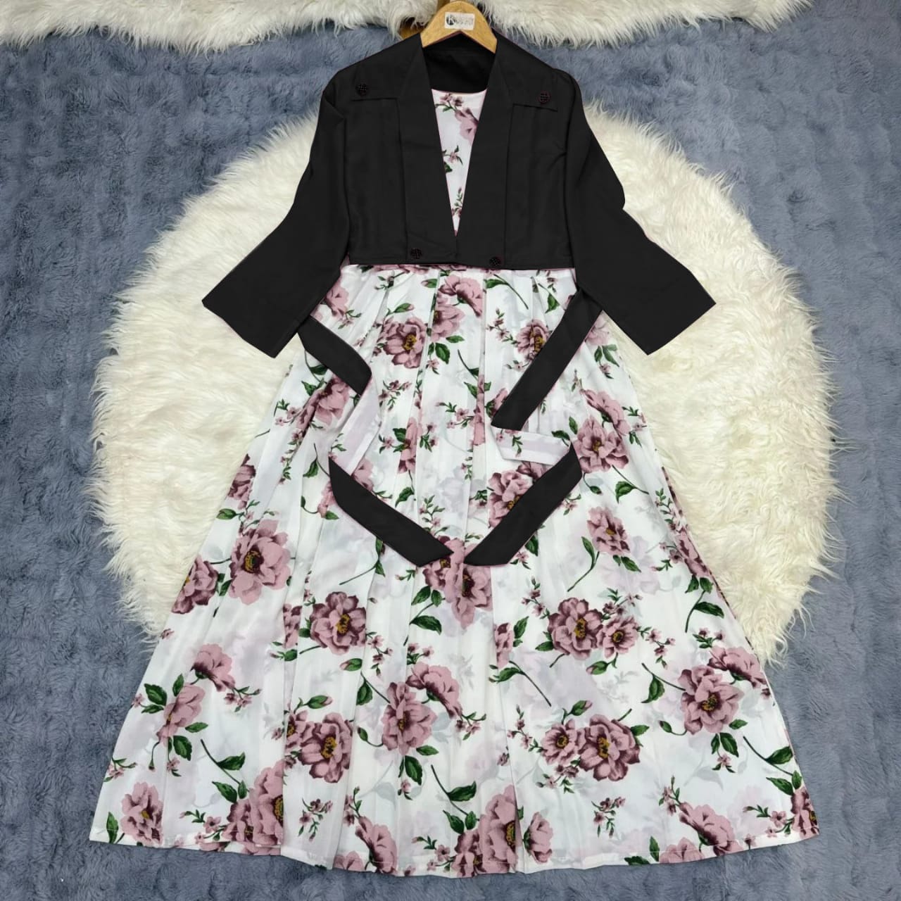 Pink Shirt & White Floral Maxi Dress 2-Piece Set flower printed pink