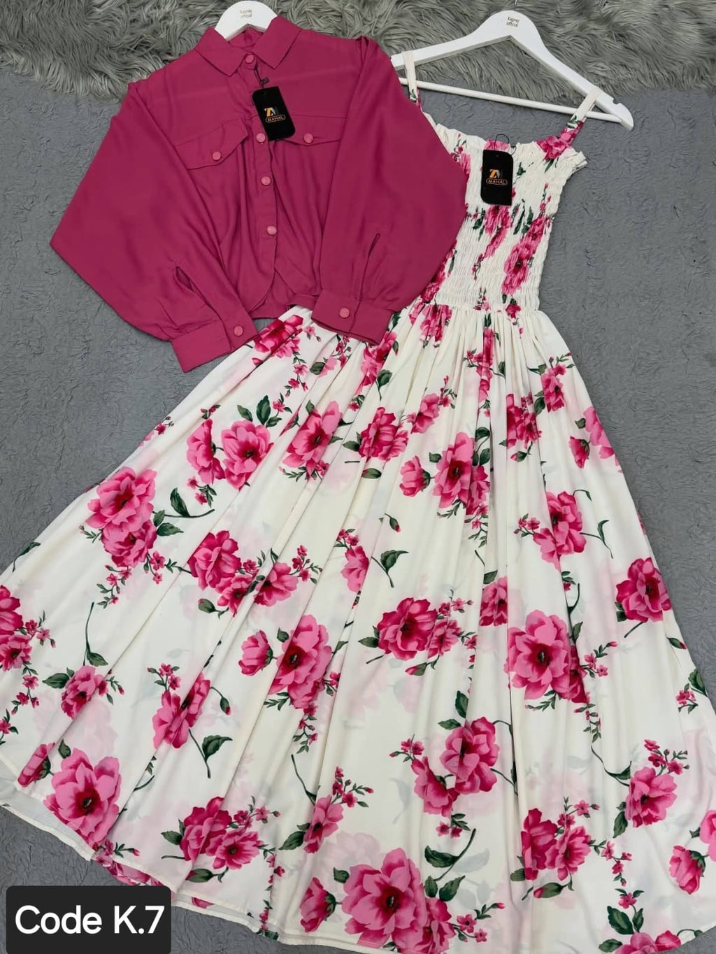 Pink Shirt & White Floral Maxi Dress 2-Piece Set flower printed pink